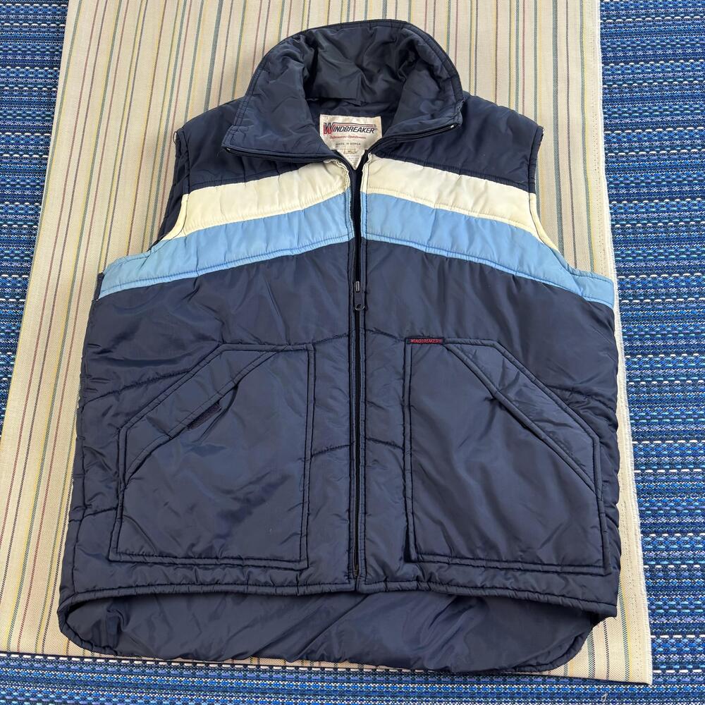 Vintage Windbreaker Vest Mens XL Blue Stripe Puffer Nylon Retro Outdoor EC
